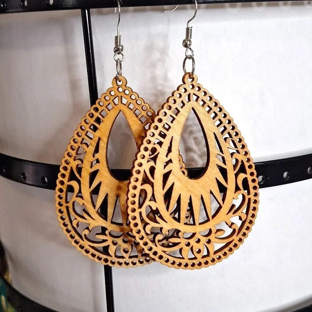 Tan Bohemian Geometric Wood Earrings for Women Natural - Picture 2 of 4